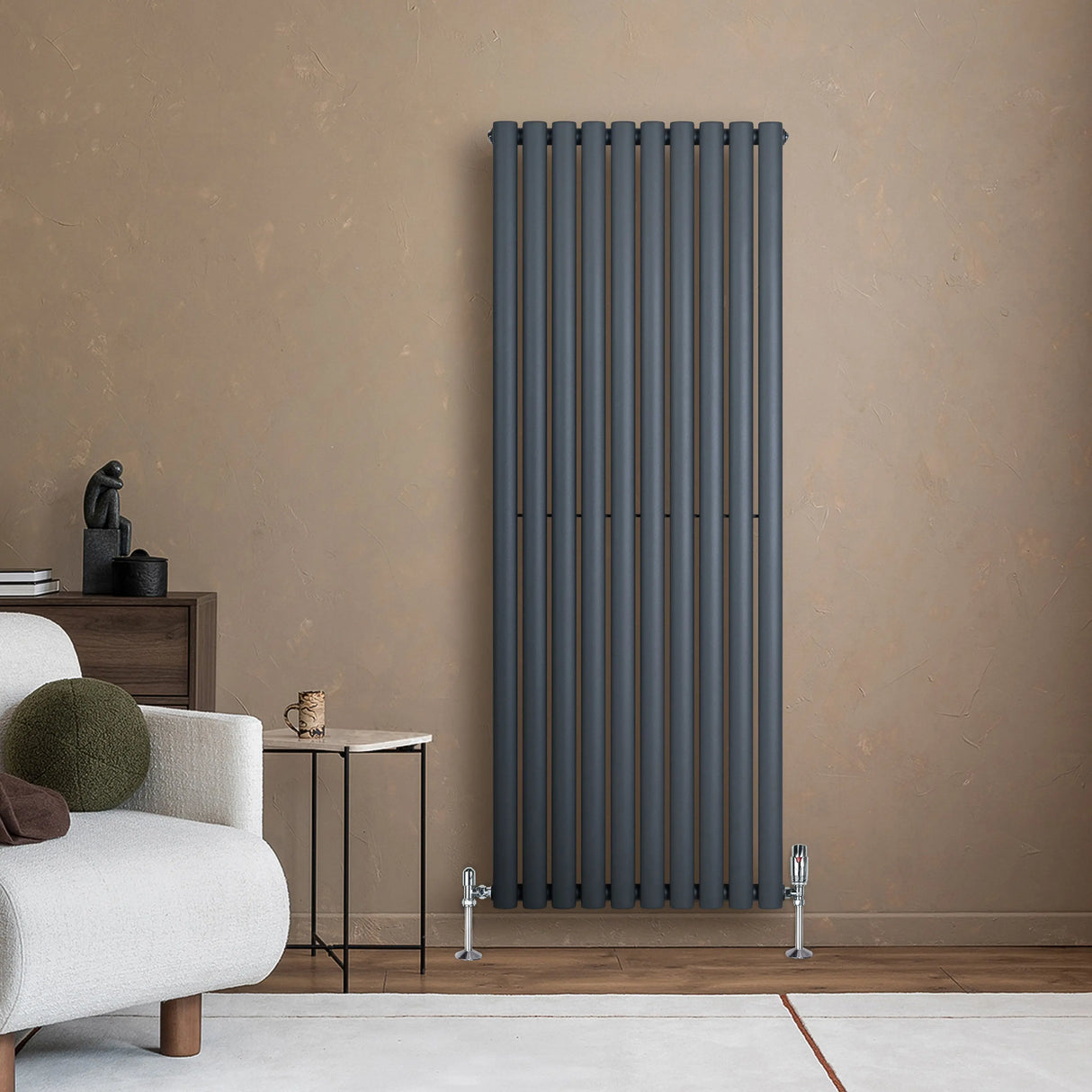 Oval Single Column Radiator & Valves  1600mm x 600mm  Anthracite Grey