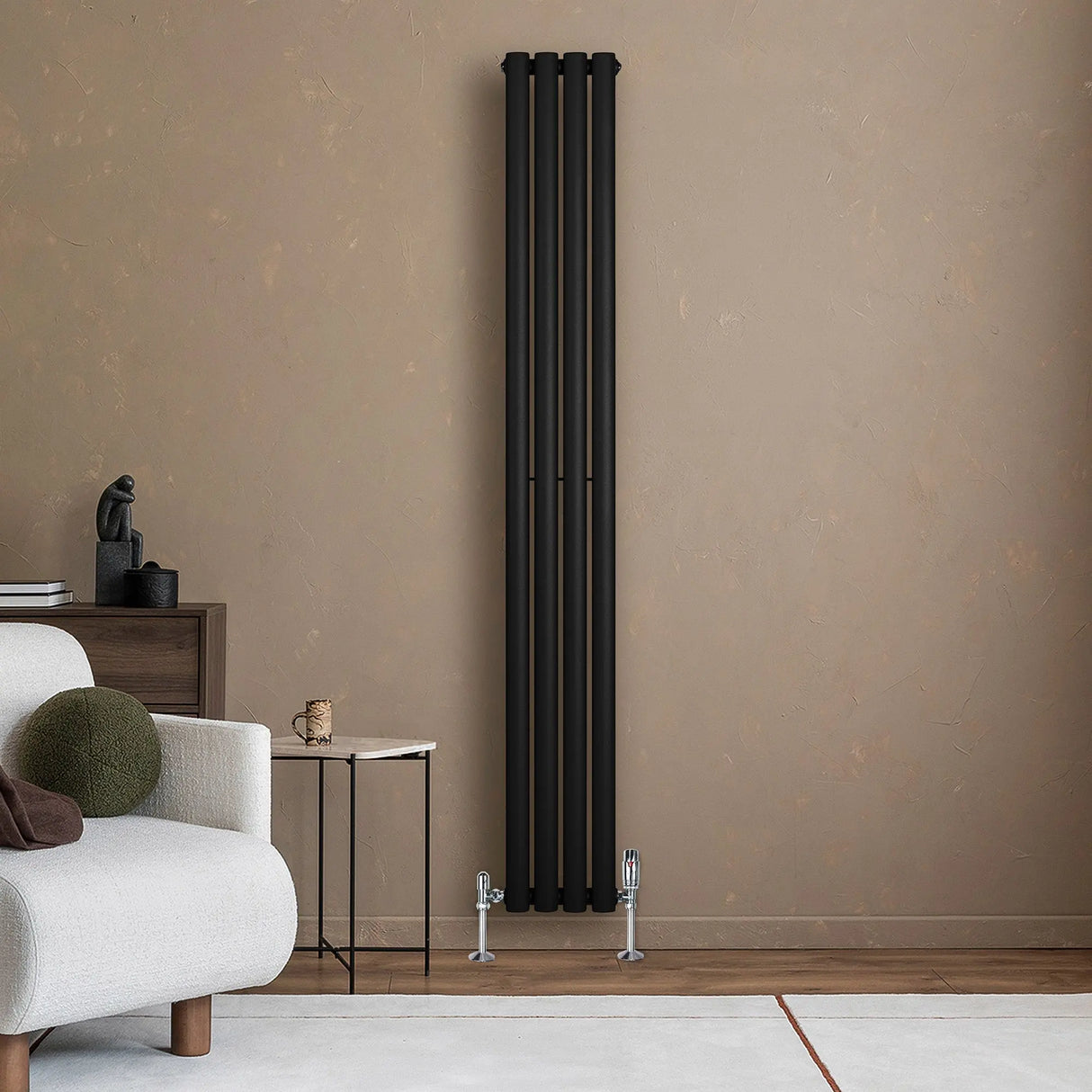 Oval Single Column Radiator & Valves  1800mm x 240mm  Black