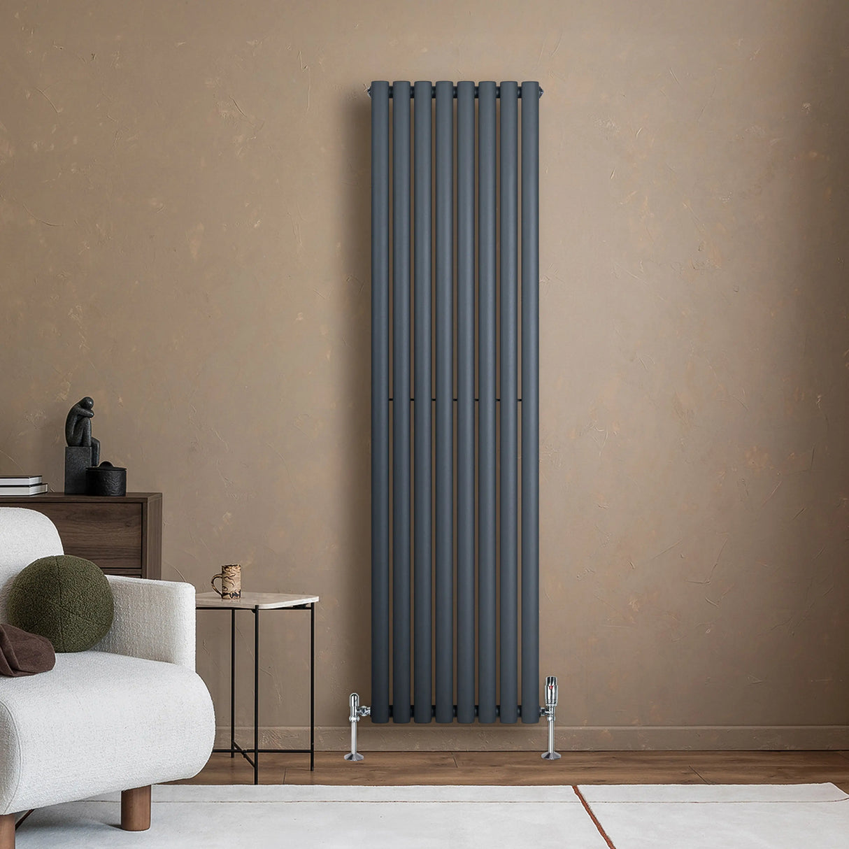 Oval Single Column Radiator & Valves  1800mm x 480mm  Anthracite Grey