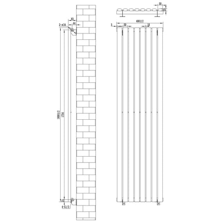 Oval Single Column Radiator & Valves  1800mm x 480mm  Anthracite Grey