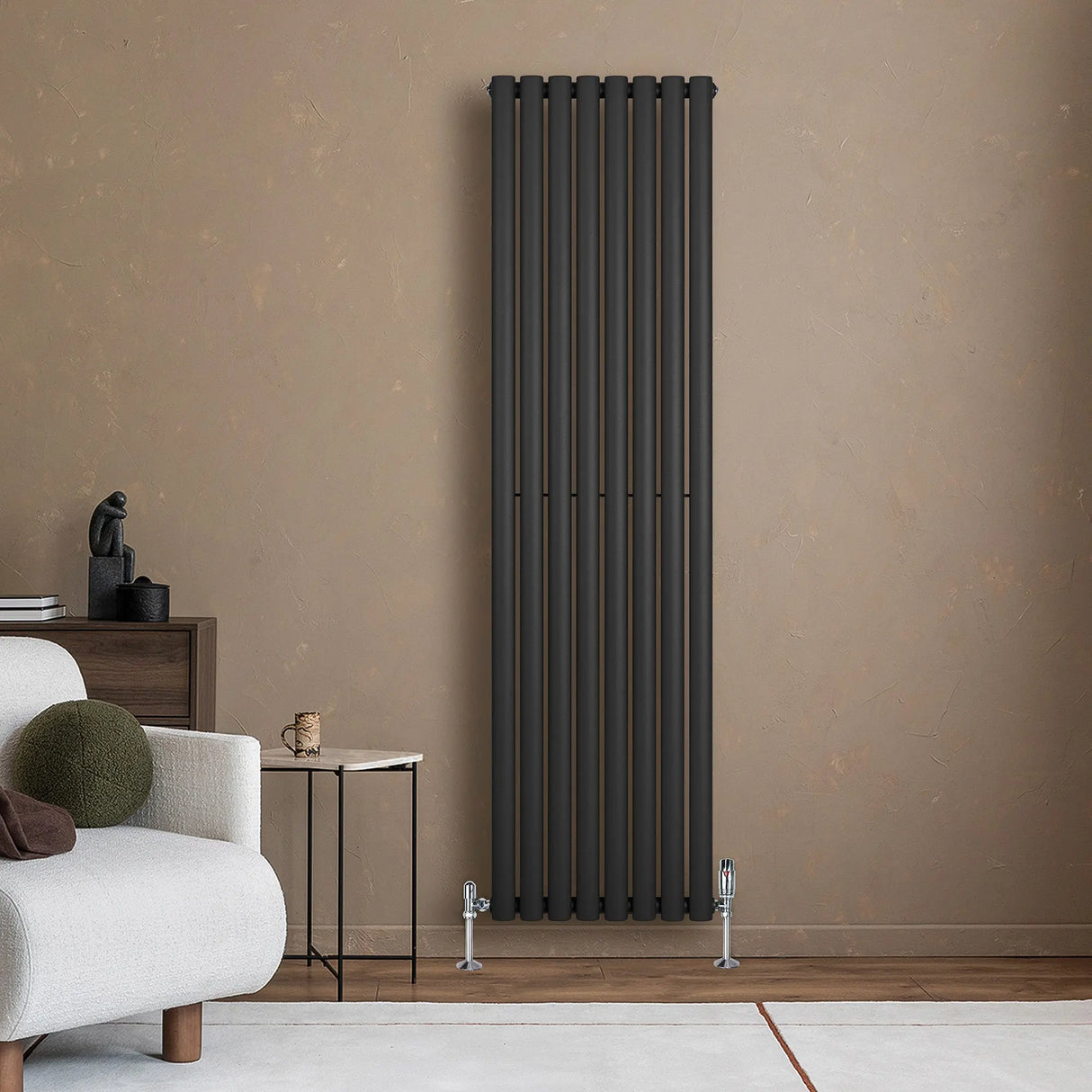 Oval Single Column Radiator & Valves  1800mm x 480mm  Black