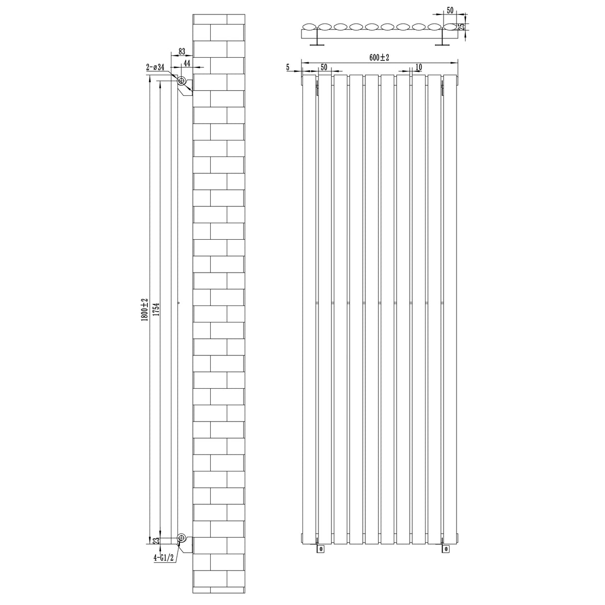 Oval Single Column Radiator & Valves  1800mm x 600mm  Anthracite Grey