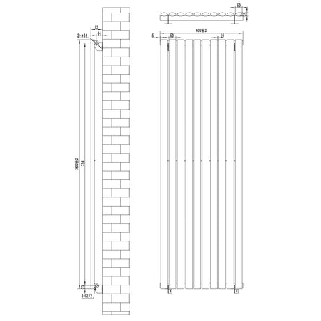 Oval Single Column Radiator & Valves  1800mm x 600mm  Black