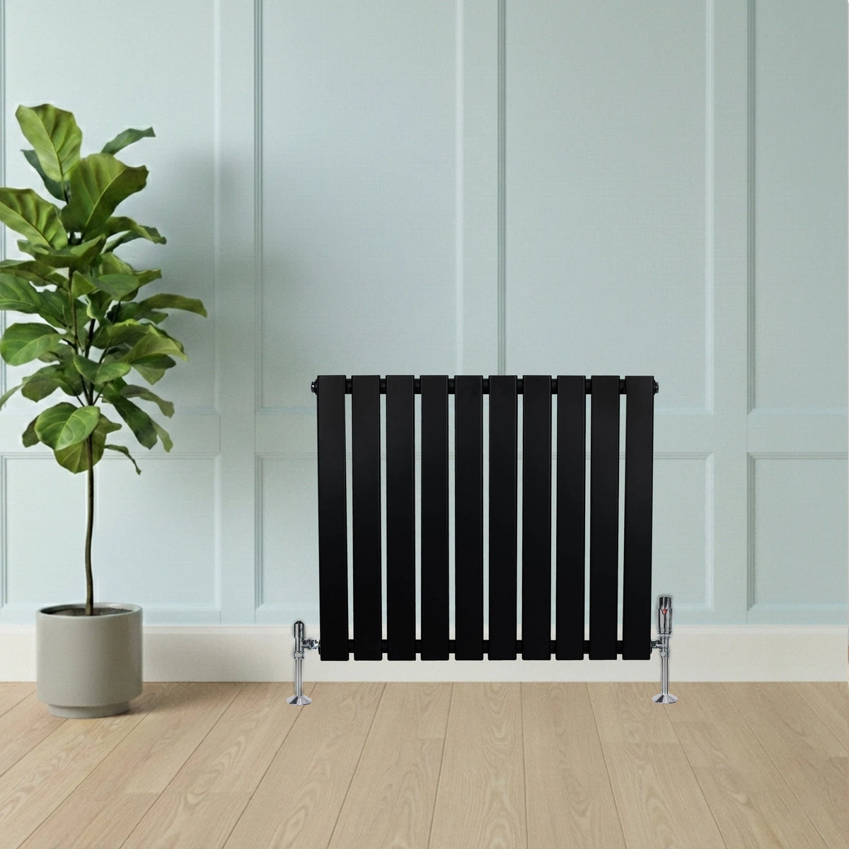 Flat Single Column Radiator & Valves  600mm x 700mm  Black