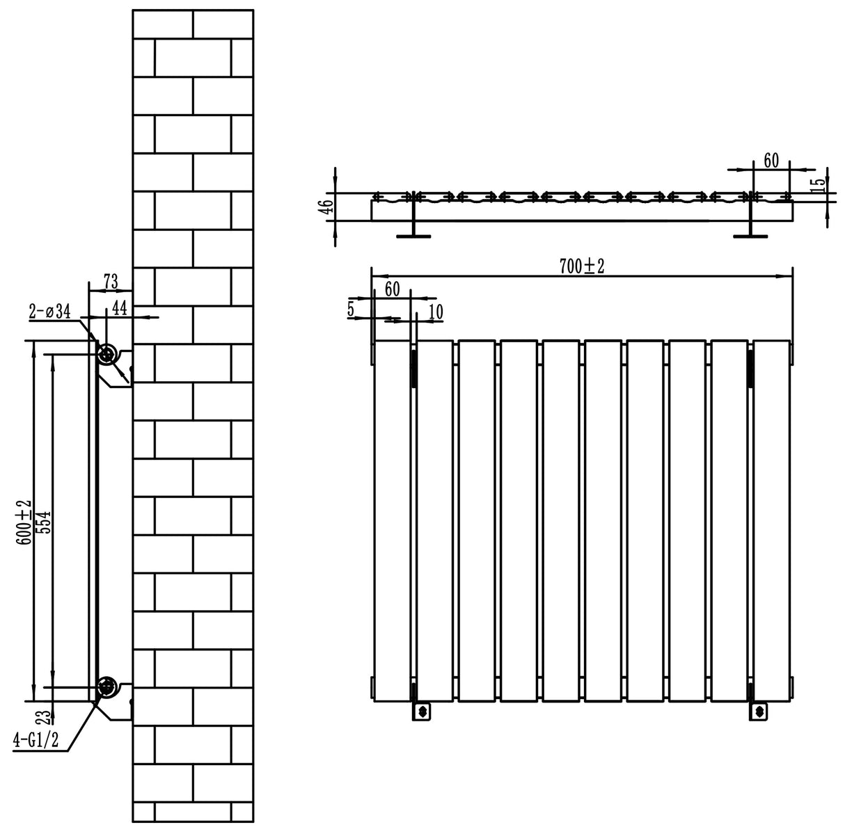 Flat Single Column Radiator & Valves  600mm x 700mm  Black