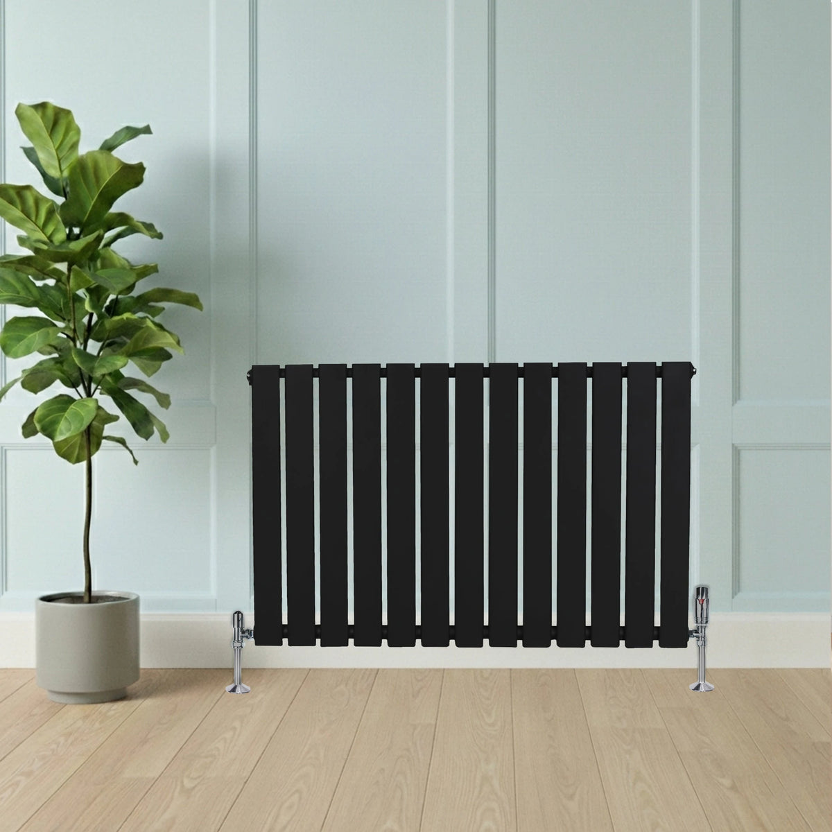 Flat Single Column Radiator & Valves  600mm x 910mm  Black
