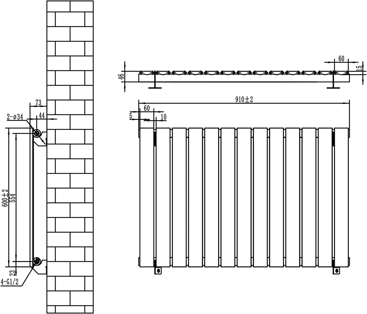Flat Single Column Radiator & Valves  600mm x 910mm  Black