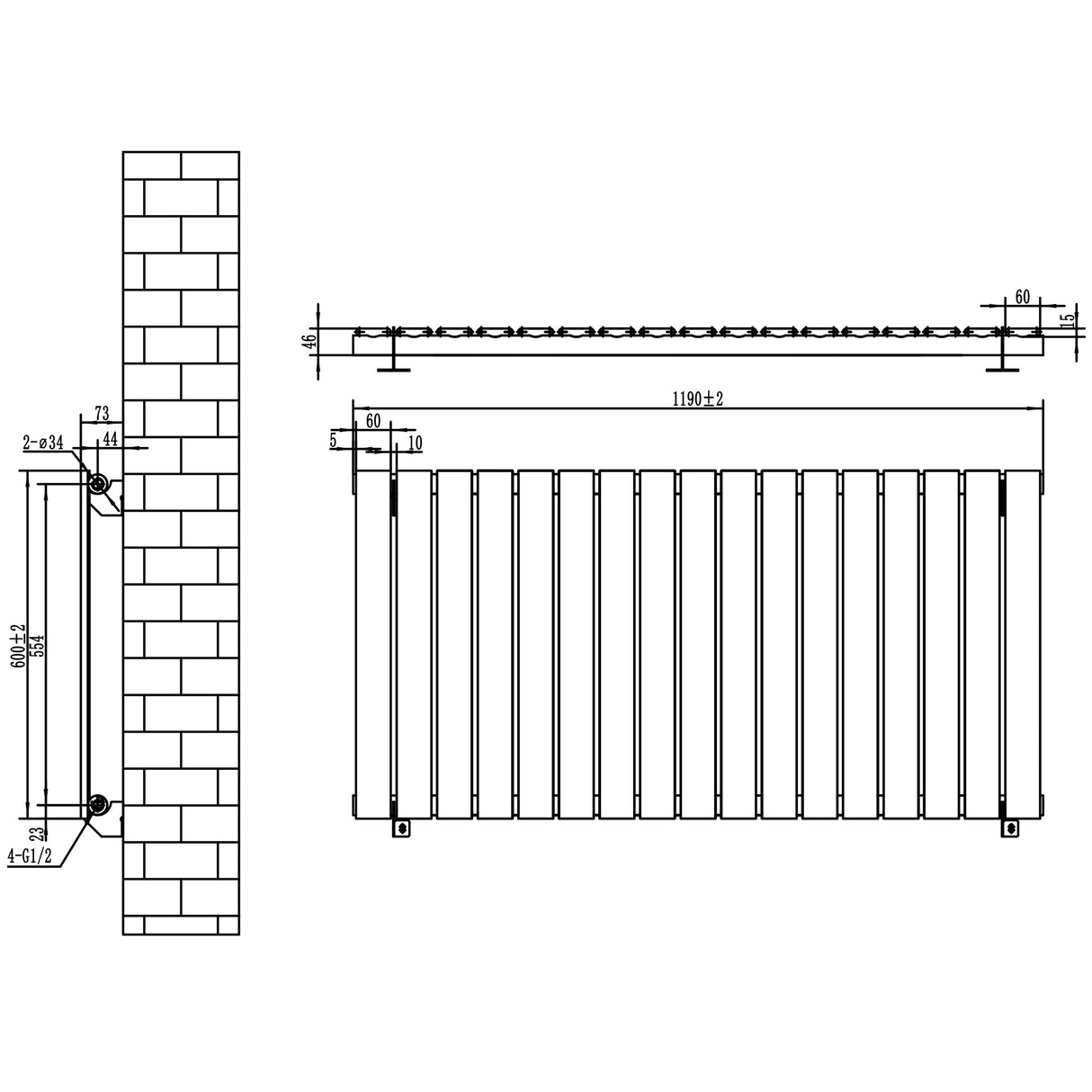 Flat Single Column Radiator & Valves  600mm x 1190mm  Anthracite Grey