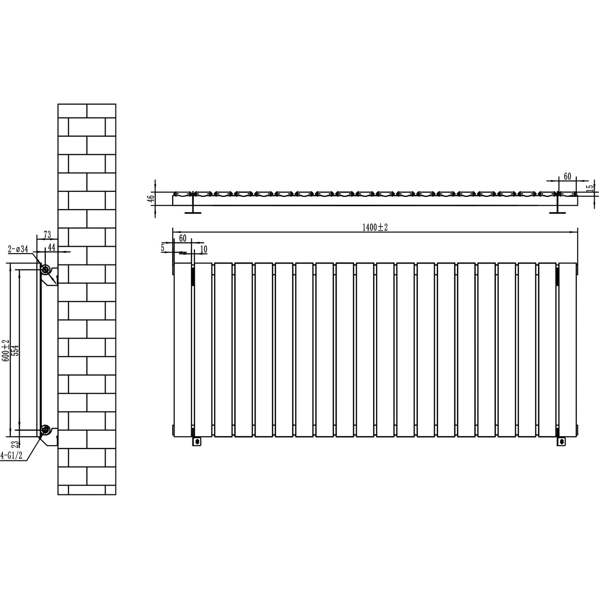 Flat Single Column Radiator & Valves  600mm x 1400mm  Anthracite Grey