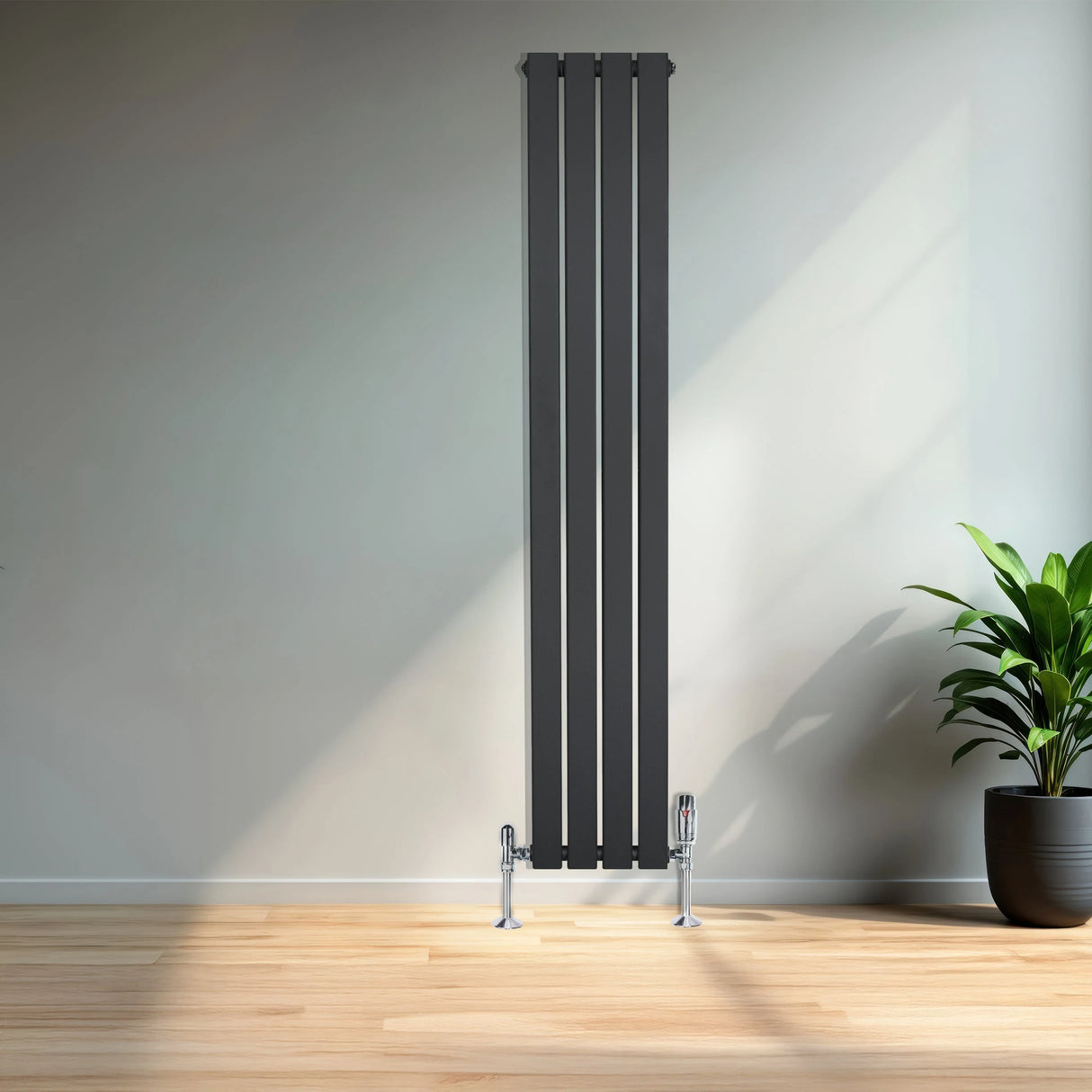 Flat Single Column Radiator & Valves  1600mm x 280mm  Anthracite Grey