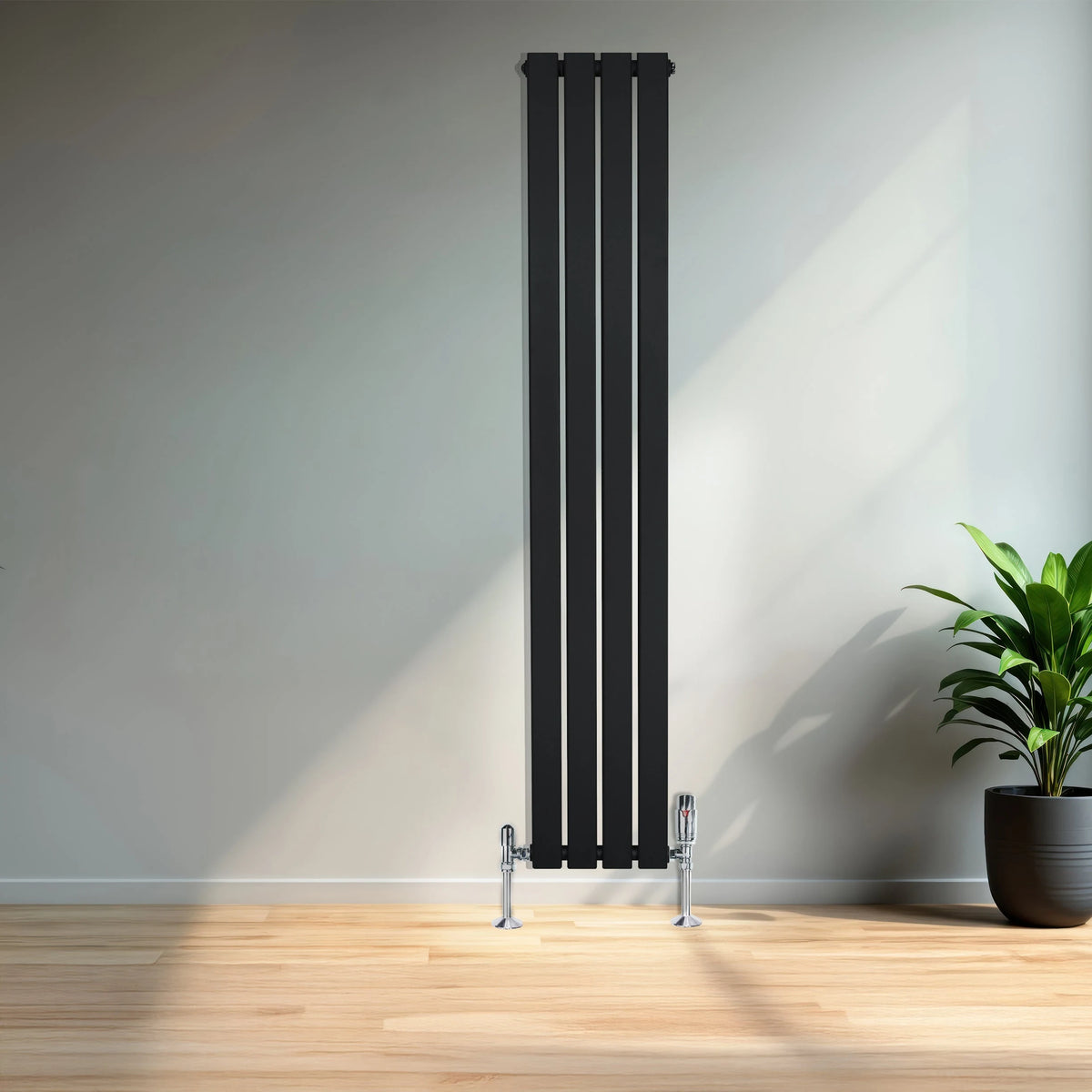 Flat Single Column Radiator & Valves  1600mm x 280mm  Black