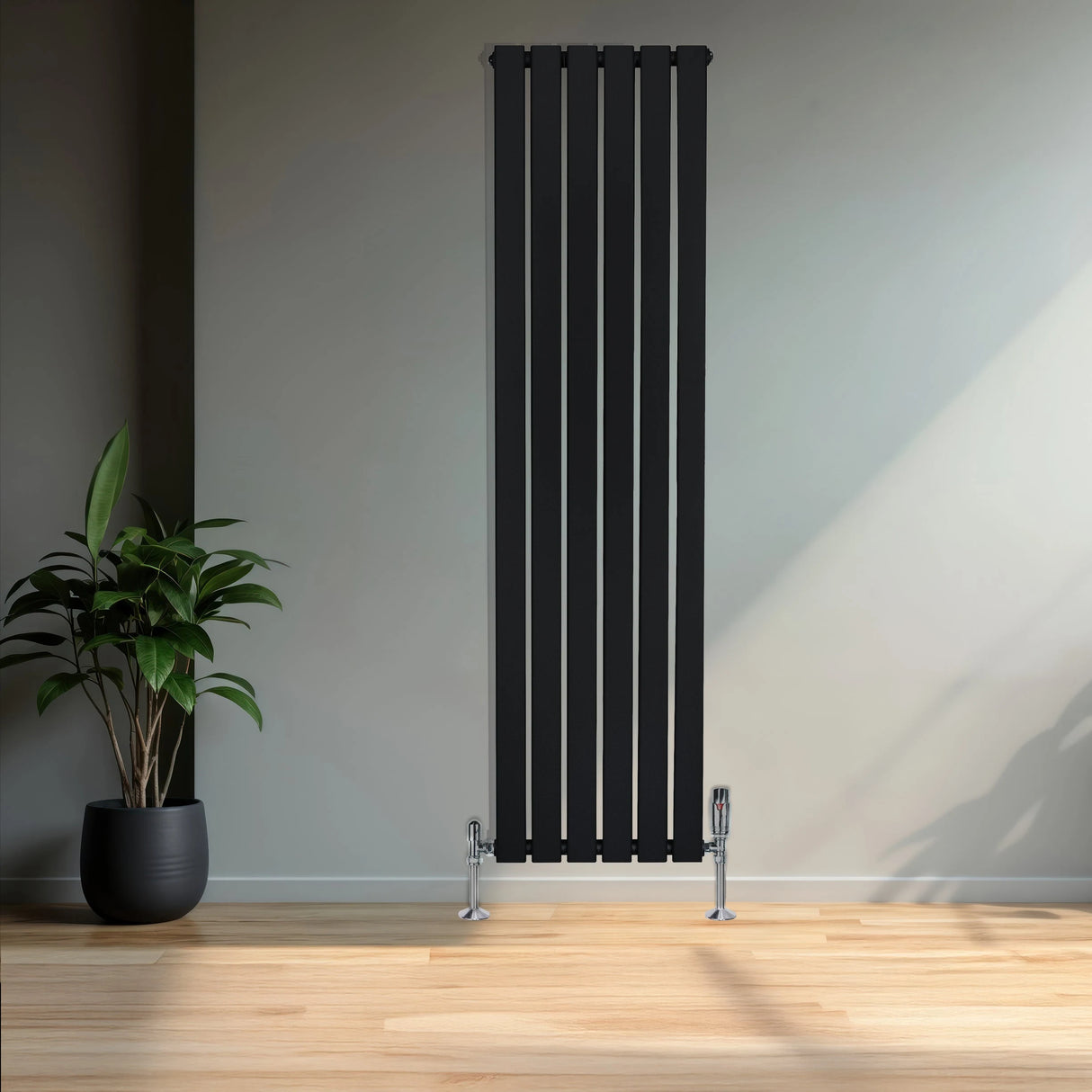 Flat Single Column Radiator & Valves  1600mm x 420mm  Black