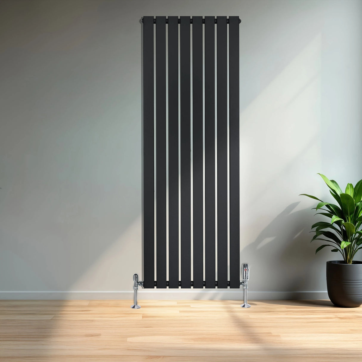 Flat Single Column Radiator & Valves  1600mm x 560mm  Black