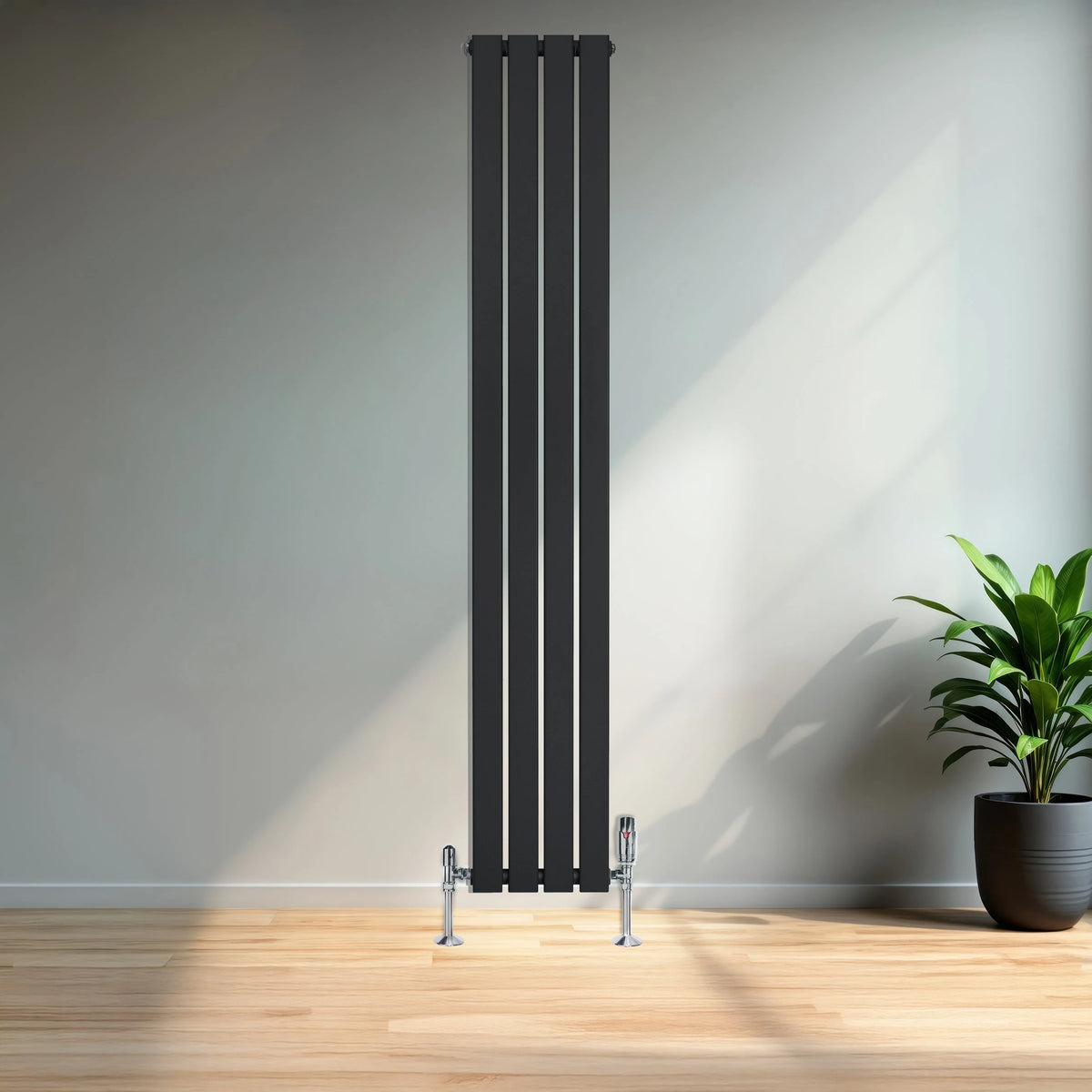 Flat Single Column Radiator & Valves  1800mm x 280mm  Black