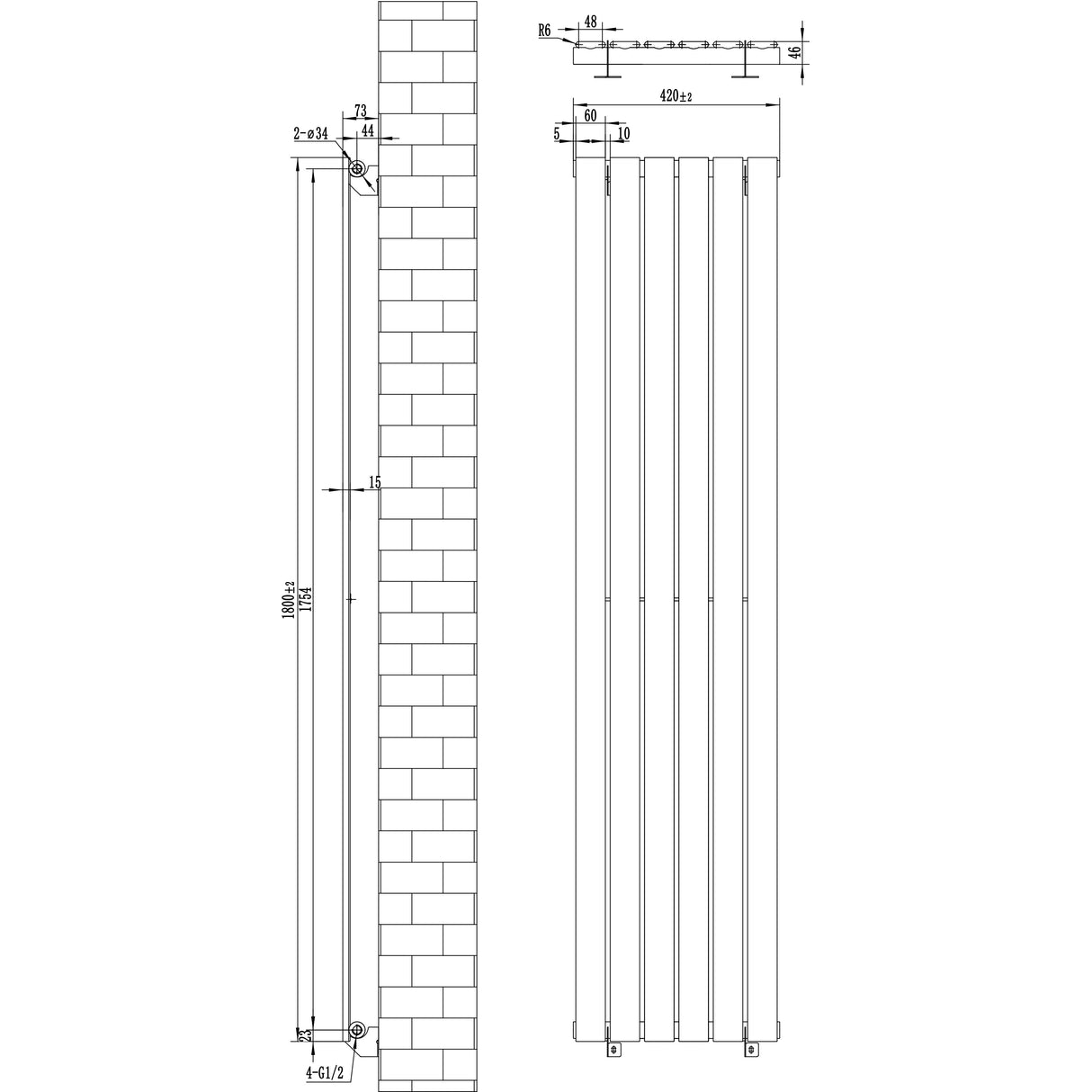 Flat Single Column Radiator & Valves  1800mm x 420mm  White