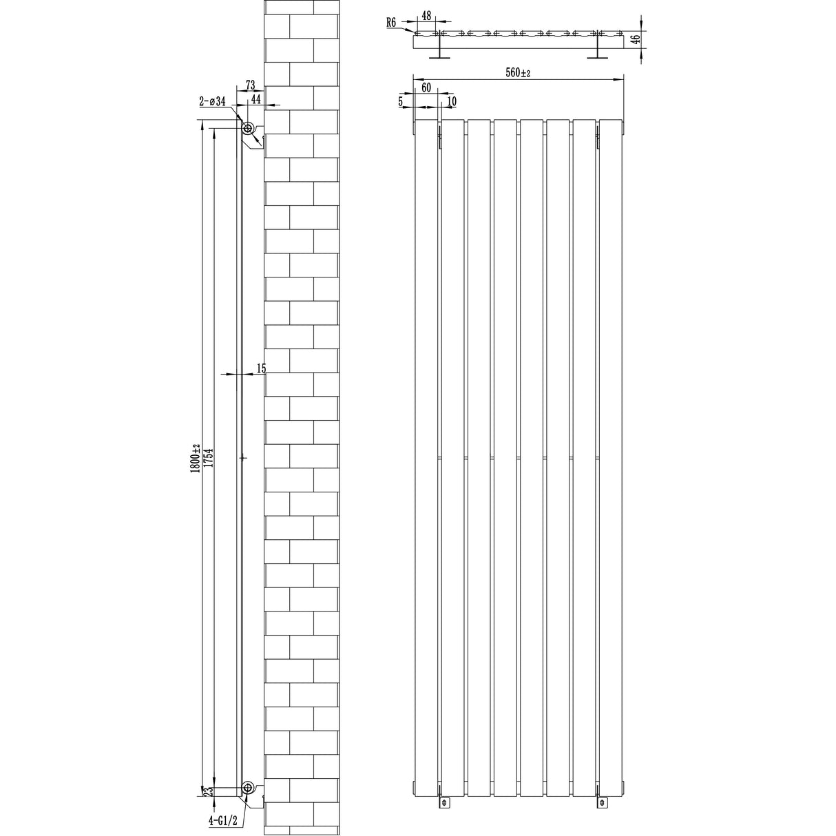 Flat Single Column Radiator & Valves  1800mm x 560mm  Black