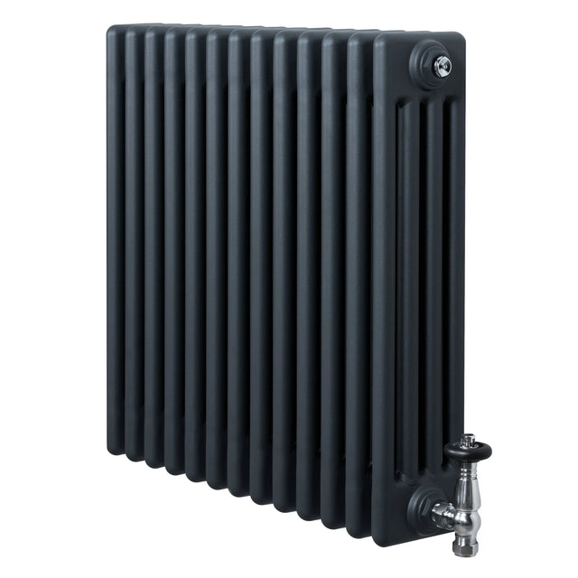 Traditional 4 Column Radiator & Valves - 600 x 605mm - Anthracite Grey
