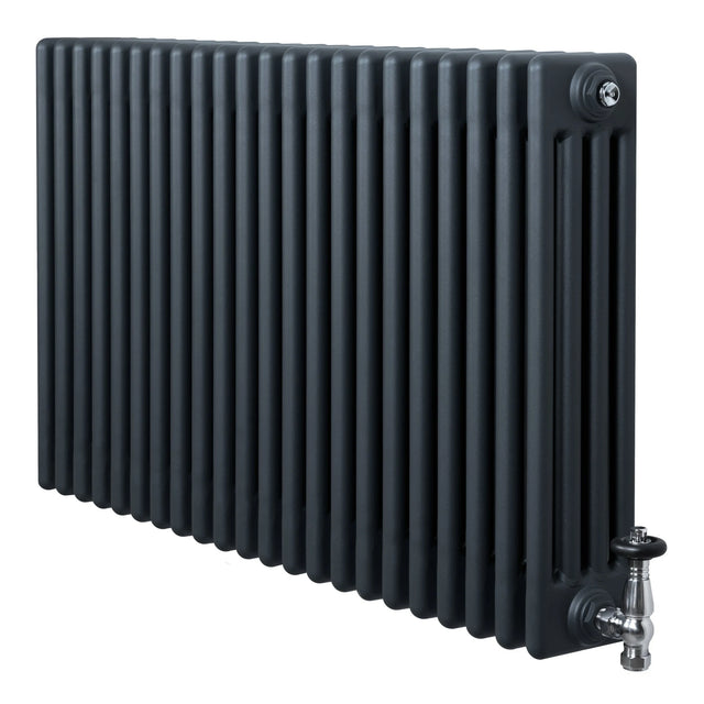 Traditional 4 Column Radiator & Valves - 600 x 1010mm - Anthracite Grey