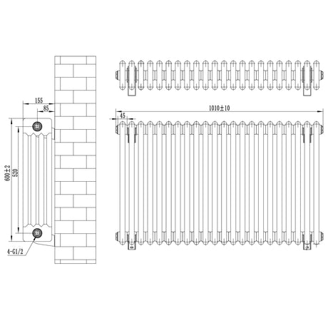 Traditional 4 Column Radiator & Valves - 600 x 1010mm - Anthracite Grey