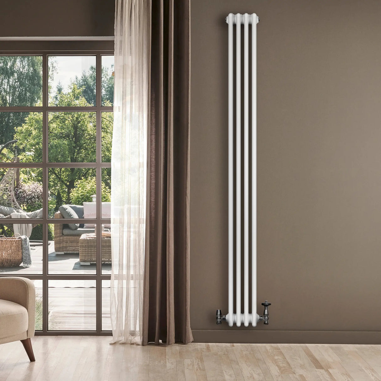 Traditional 4 Column Radiator & Valves - 1800 x 200mm -  White