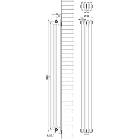 Traditional 4 Column Radiator & Valves - 1800 x 200mm -  White