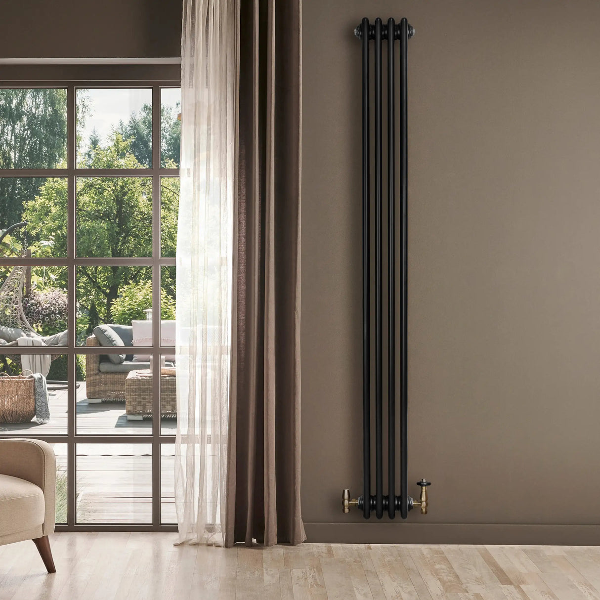 Traditional 4 Column Radiator & Valves - 1800 x 200mm -  Black
