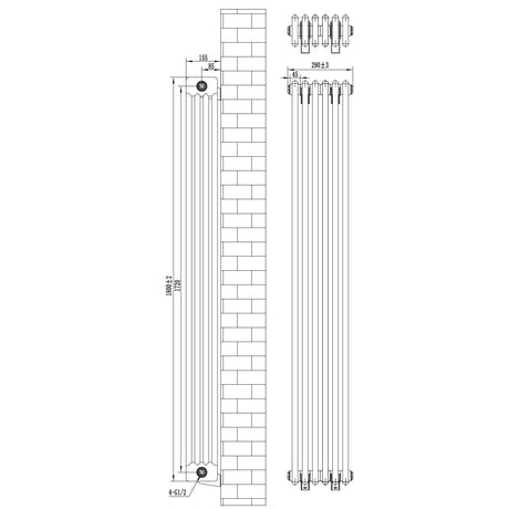 Traditional 4 Column Radiator & Valves - 1800 x 290mm - Anthracite Grey