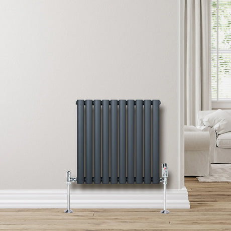 Oval Single Column Radiator & Valves  600mm x 600mm  Anthracite Grey