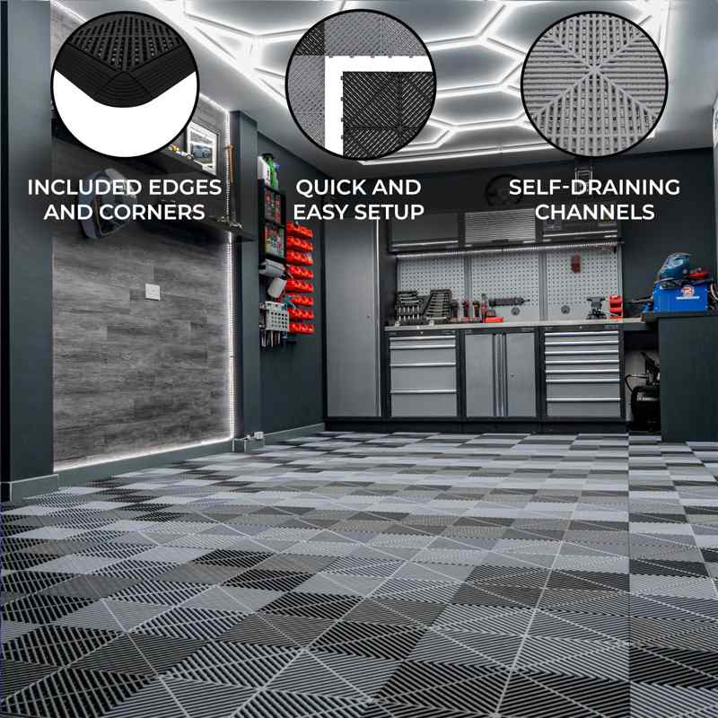 Vented Garage Floor Tiles With Edges  60 Black & 60 Grey