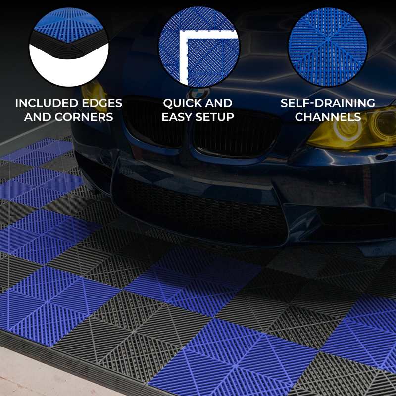 Vented Garage Floor Tiles With Edges  120 Black & 120 Blue