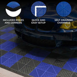Vented Garage Floor Tiles With Edges  120 Black & 120 Blue