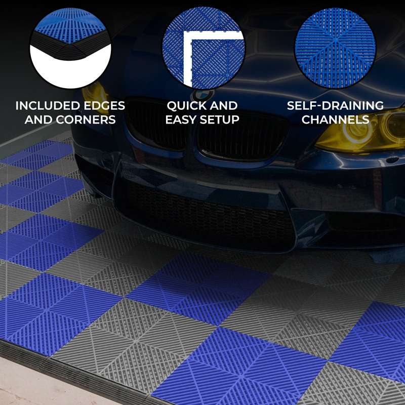 Vented Garage Floor Tiles With Edges  120 Grey & 120 Blue