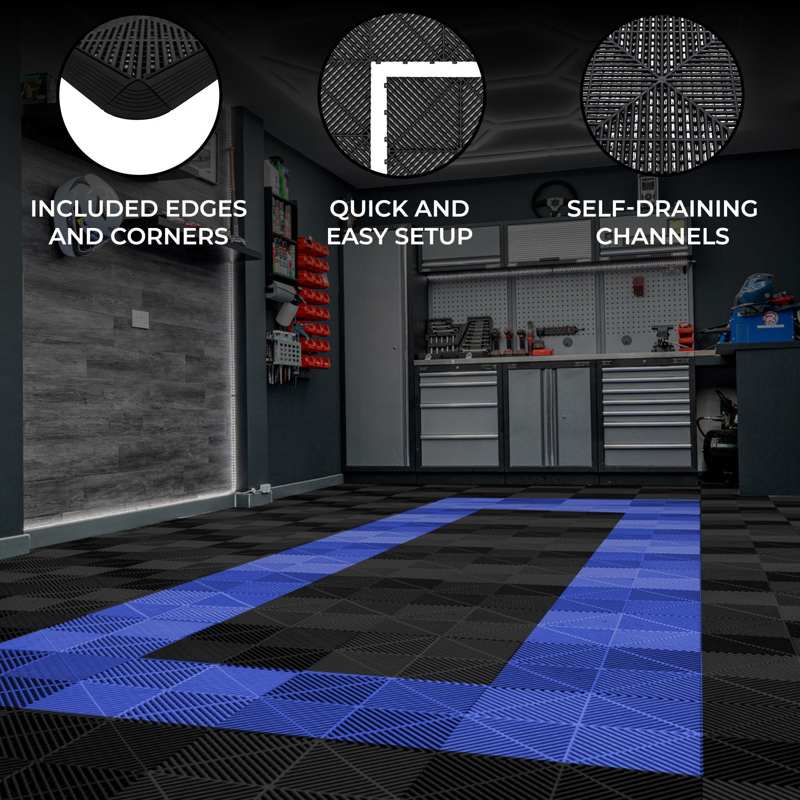 Vented Garage Floor Tiles With Edges  90 Black & 30 Blue