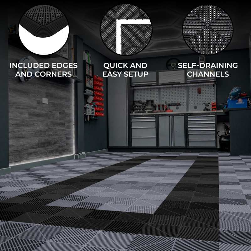 Vented Garage Floor Tiles With Edges  90 Grey & 30 Black