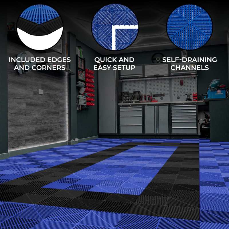 Vented Garage Floor Tiles With Edges  90 Blue & 30 Black