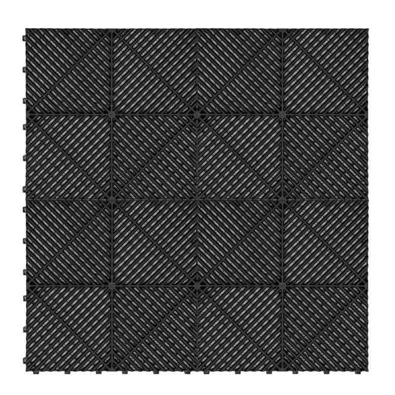 Hexagon LED Lights x 2 & Vented Garage Floor Tiles x 225 With Edges - Black