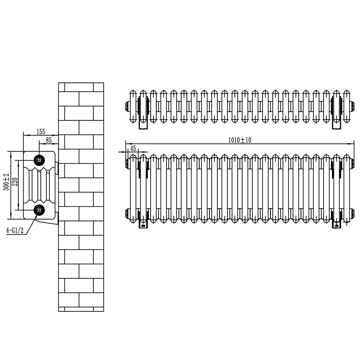 Traditional 4 Column Radiator - 300 x 1010mm  Black
