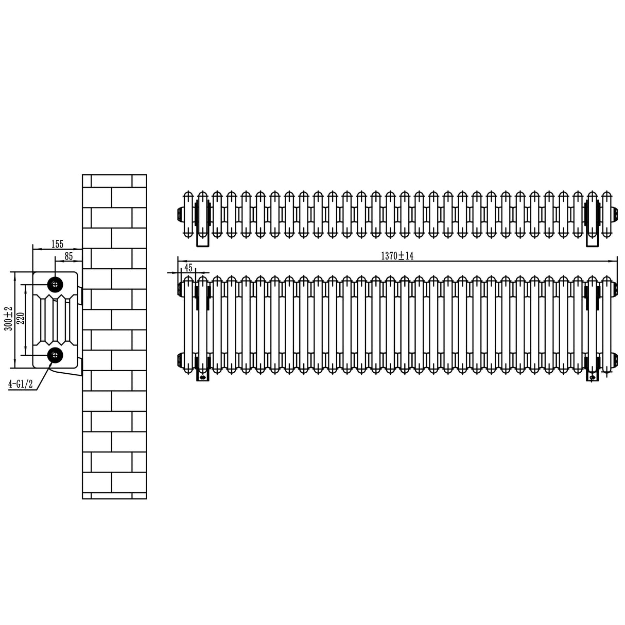 Traditional 4 Column Radiator - 300 x 1370mm - Black