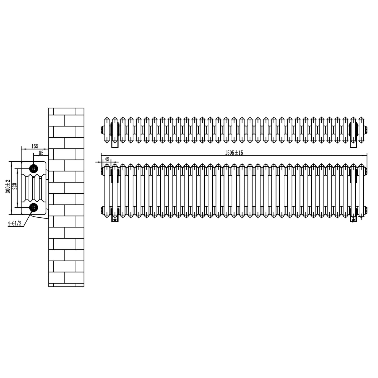Traditional 4 Column Radiator - 300 x 1505mm - Black