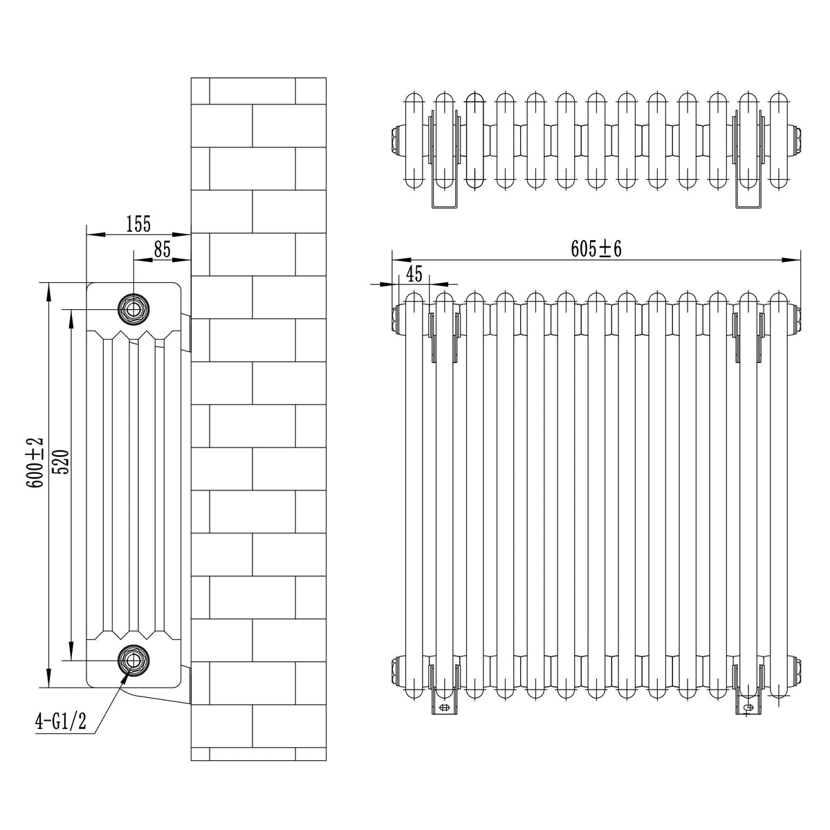 Traditional 4 Column Radiator - 600 x 605mm - Black