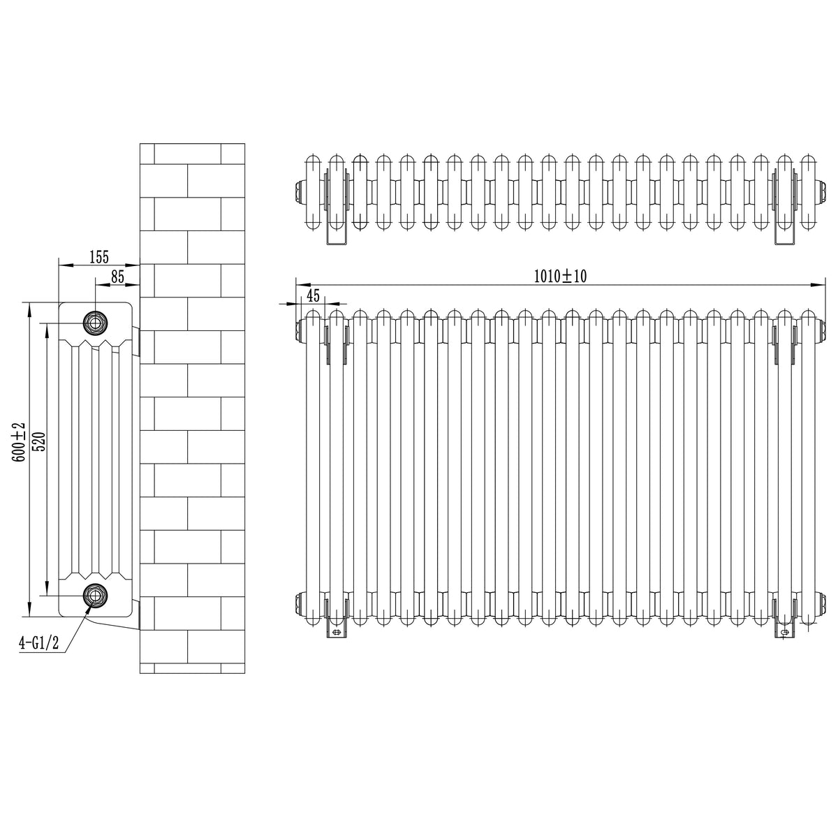 Traditional 4 Column Radiator - 600 x 1010mm - White