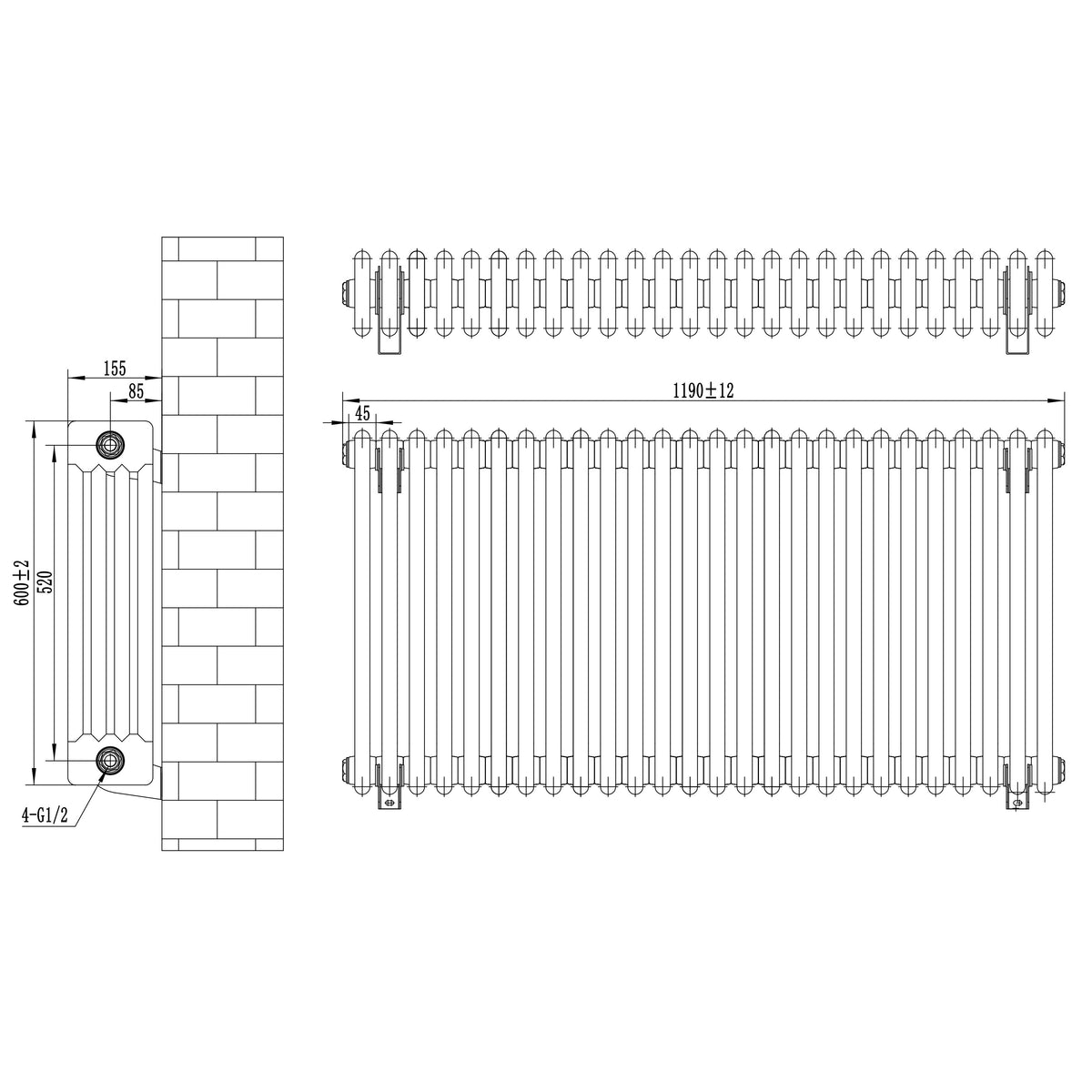 Traditional 4 Column Radiator - 600 x 1190mm - Anthracite Grey