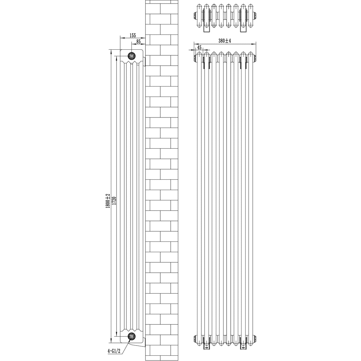 Traditional 4 Column Radiator - 1800 x 380mm - Black