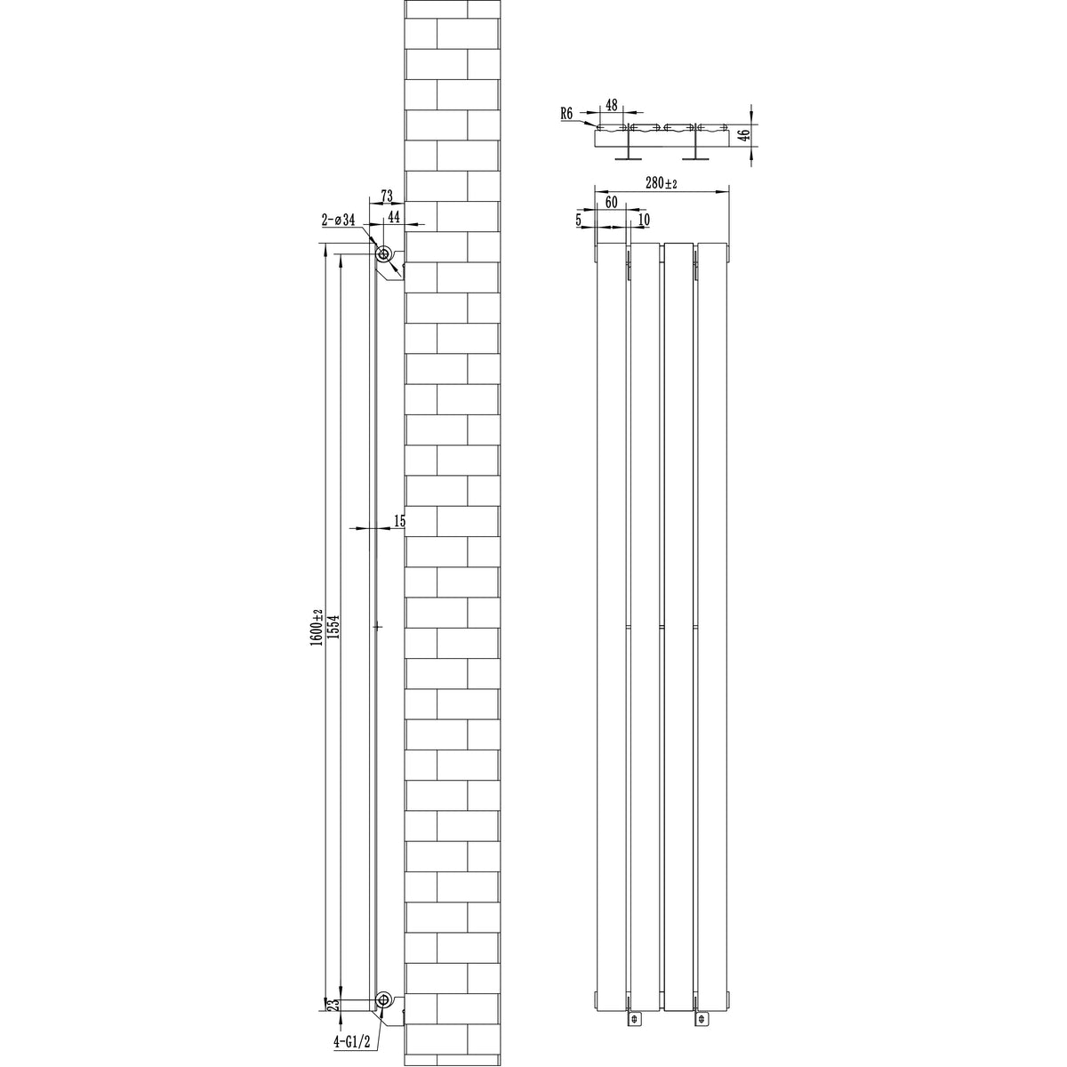 Flat Single Column Radiator - 1600 x 280mm - Anthracite Grey