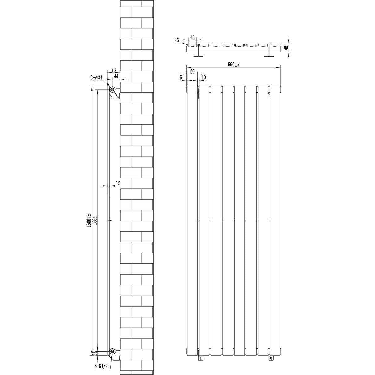 Flat Single Column Radiator - 1600 x 560mm - White