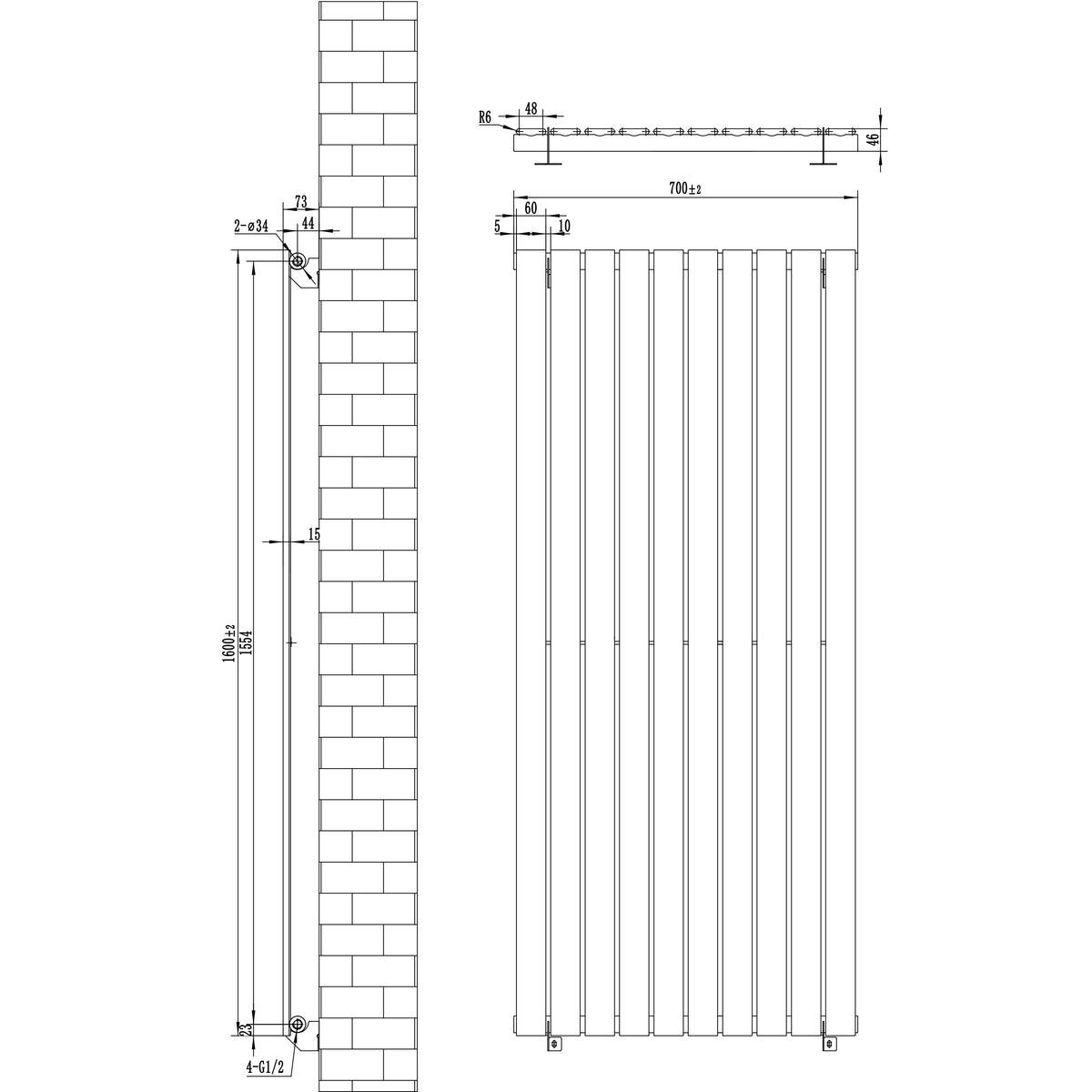Flat Single Column Radiator - 1600 x 700mm - Black