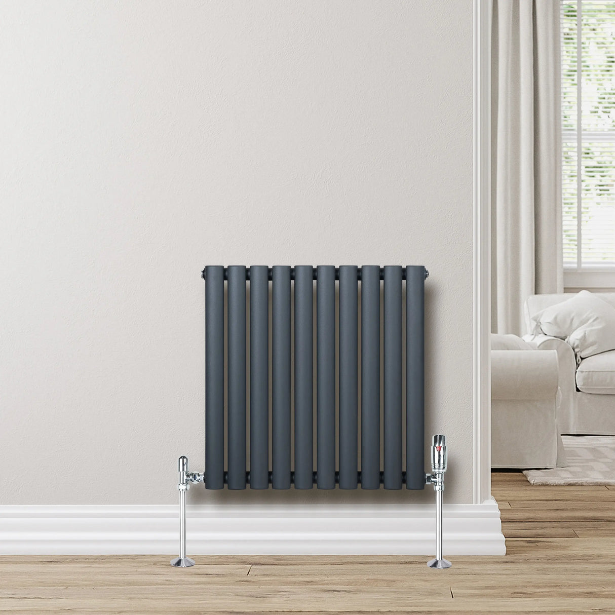 Oval Single Column Radiator - 600 x 600mm - Anthracite Grey