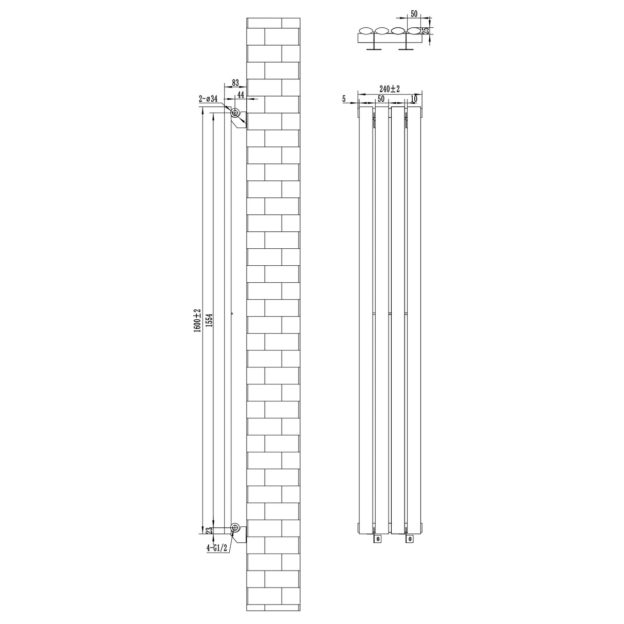 Oval Single Column Radiator - 1600 x 240mm - Anthracite Grey