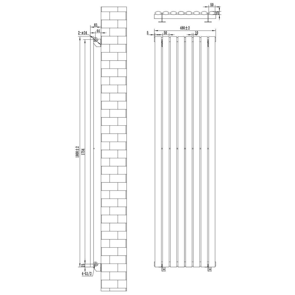 Oval Single Column Radiator - 1800 x 480mm - Black