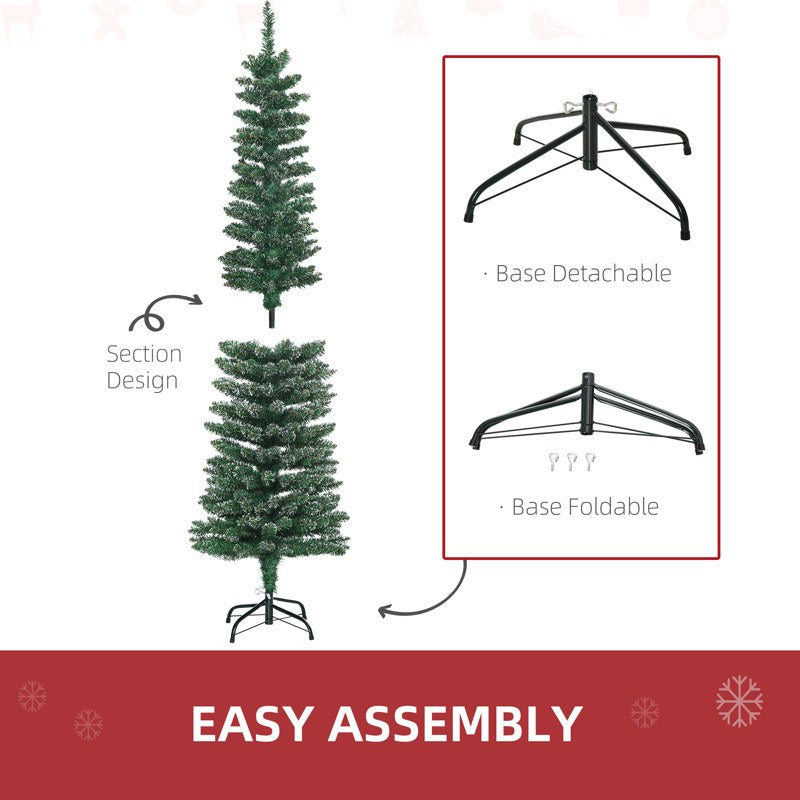 HOMCOM 5.5FT Artificial Snow Dipped Christmas Tree Xmas Pencil Tree Holiday Home Indoor Decoration with Foldable Black Stand, Green